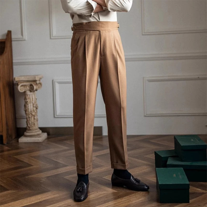 New Casual Solid Color Suit Trousers Men Spring Trendy Belt High Waist Pants Male Business Office Fashion Pleated Straight Pants