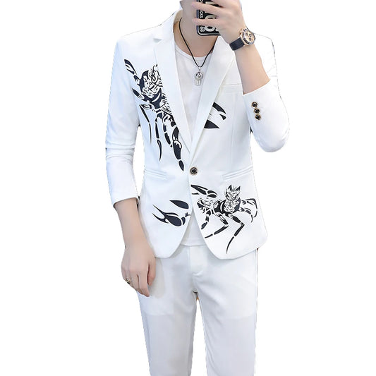 2024 New Men's Yellow Printed Suit Jacket and Trousers Spring Autumn Slim Men 2 Piece White Black Blazer Pants