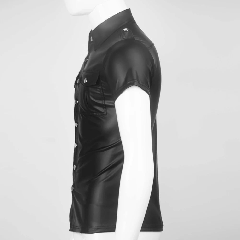 Men Faux Leather Uniform Shirt Collared Short Sleeve Tee Wet Look Top Blouse Button Up T Shirt Nightclub Stage Costumes Tops