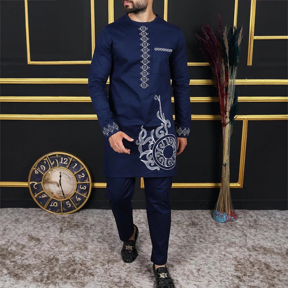 Summer African Men's Traditional Elegant Suits Outfit Dashiki 2Pcs Shirt & Pants Full Set Designer Clothes Abaya Brand Costume