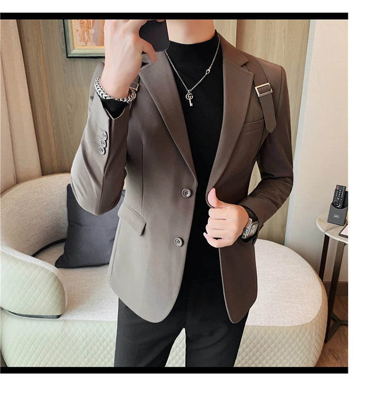 Brand Autumn Winter Strap Decoration Suit Jacket for Men Slim Fit Casual Business Blazers Fashion Wedding Groom Social Coat 2023