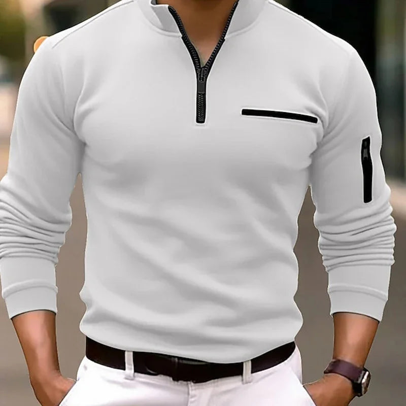 Spring Fashion Zipper Design Polo Shirts 2024 Casual Solid Color O-Neck Tees Pullover Fashion Men Clothing Long Sleeve