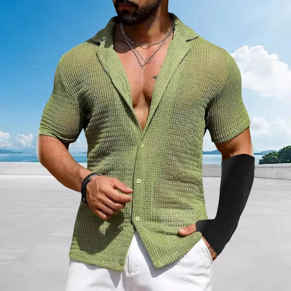 Summer Men Shirt Knitted Hollow Elastic Vintage Short Sleeves Shirt Single-breasted Cardigan Vacation Beach Top