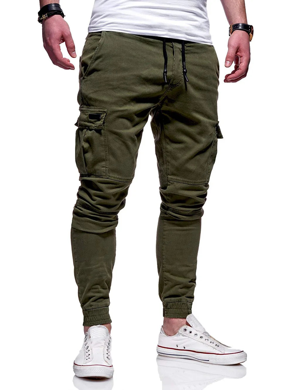 Men's Jogging Pants Denim Flip Pocket Side Drawstring Waist Overalls Leisure Elastic Sports Pants Training Tactical Pants