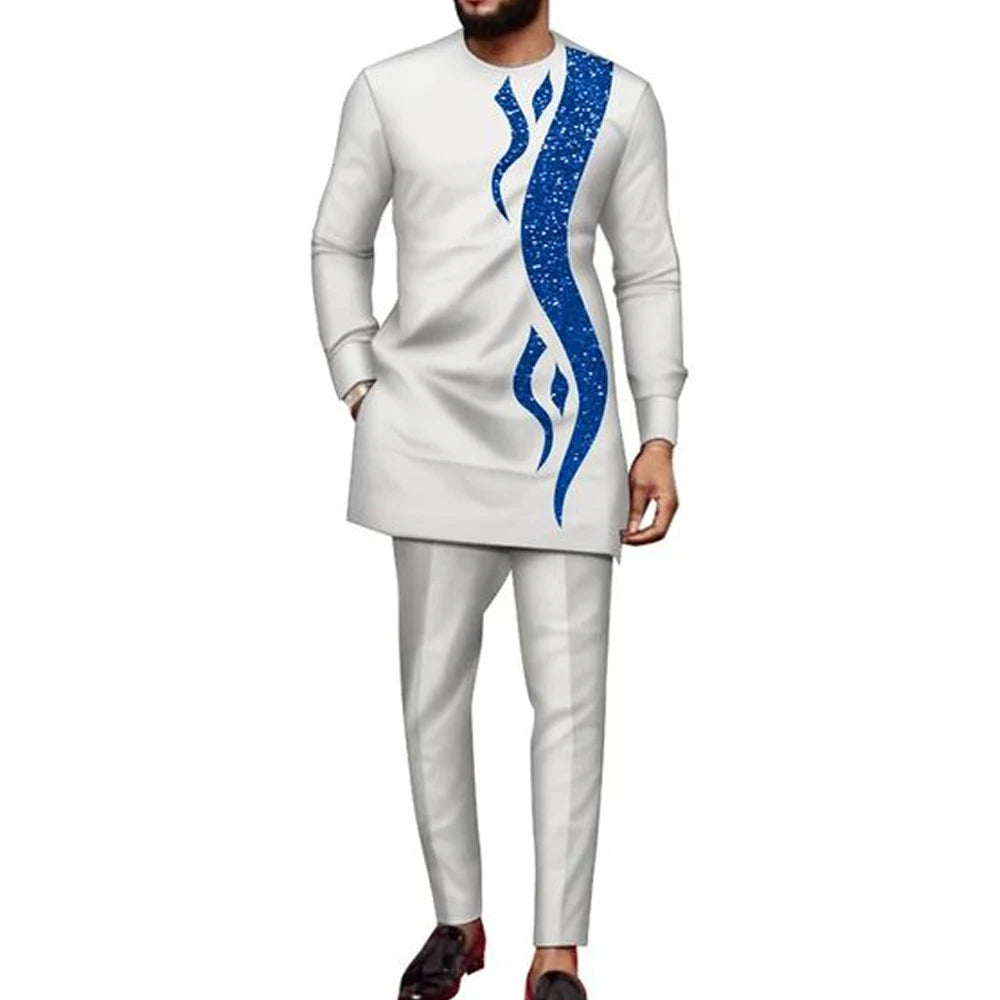 Dashiki African Men Clothing Long Sleeve Round Neck Geometric Panel Shirt and Pants 2-Piece Sets Wedding Party Elegant Men Suit